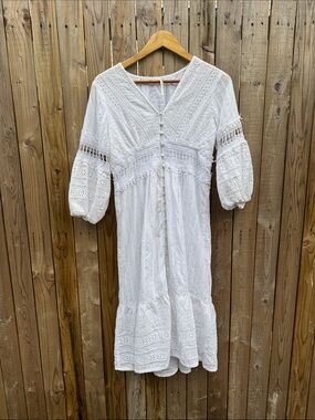 Anthropologie White ebba Eyelet Midi Dress with Puff Sleeves